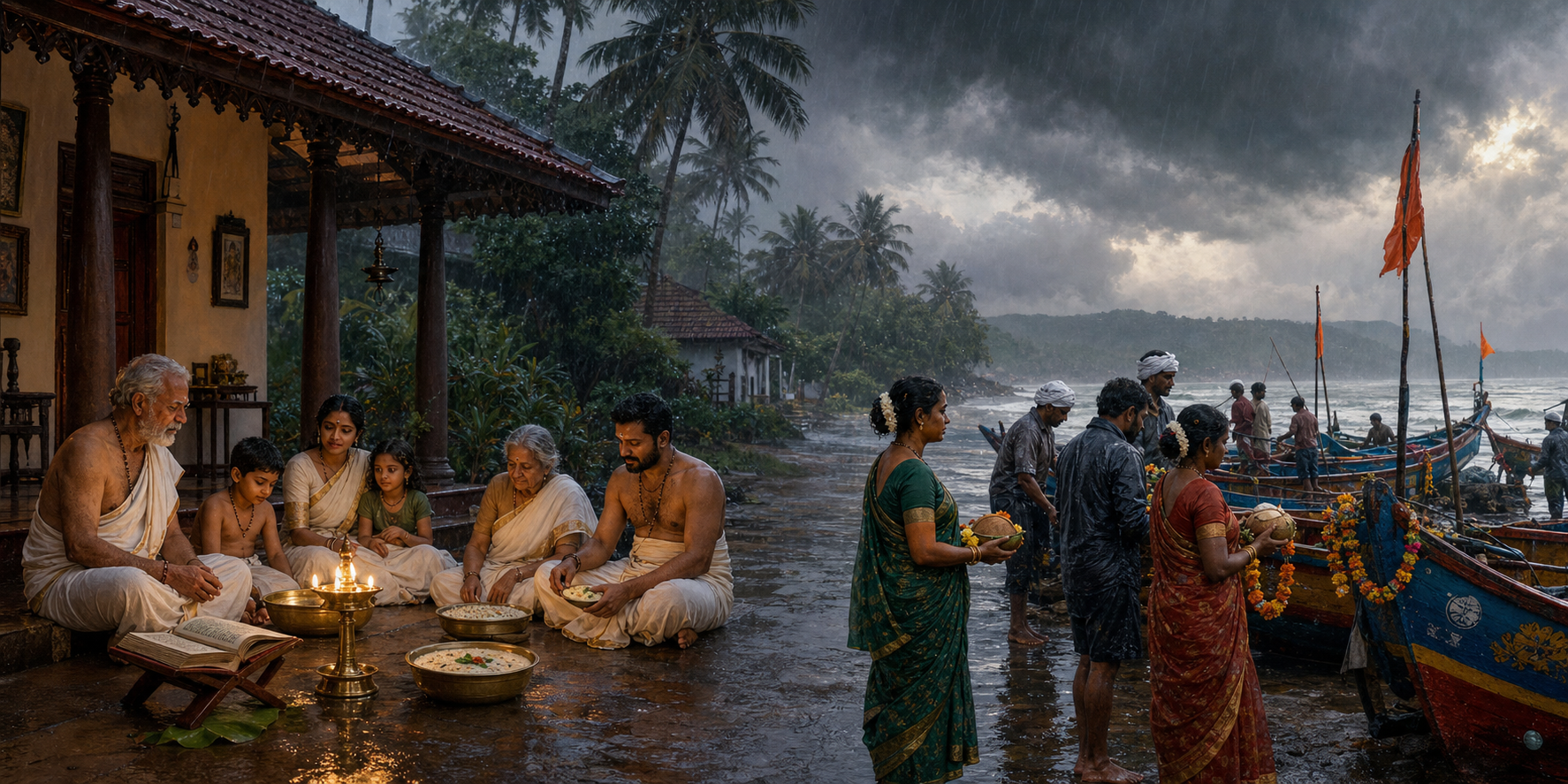 A monsoon panorama pairs a Kerala household gathered near a scripture and oil lamp with a Maharashtrian fishing community offering coconuts beside boats at the sea.