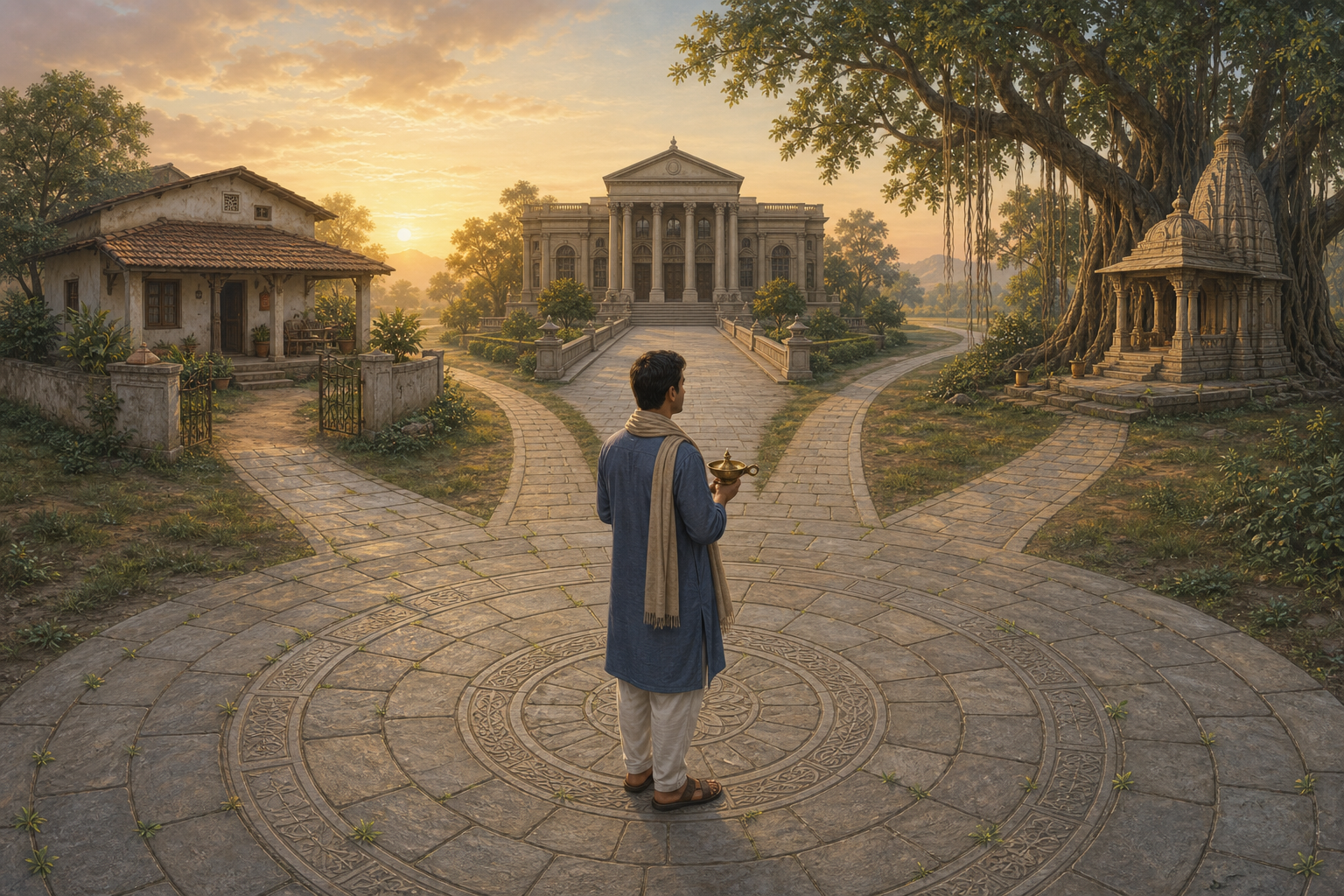 A contemplative person stands in a circular stone courtyard where paths lead toward a home, a civic hall, and an old temple beside a banyan tree.