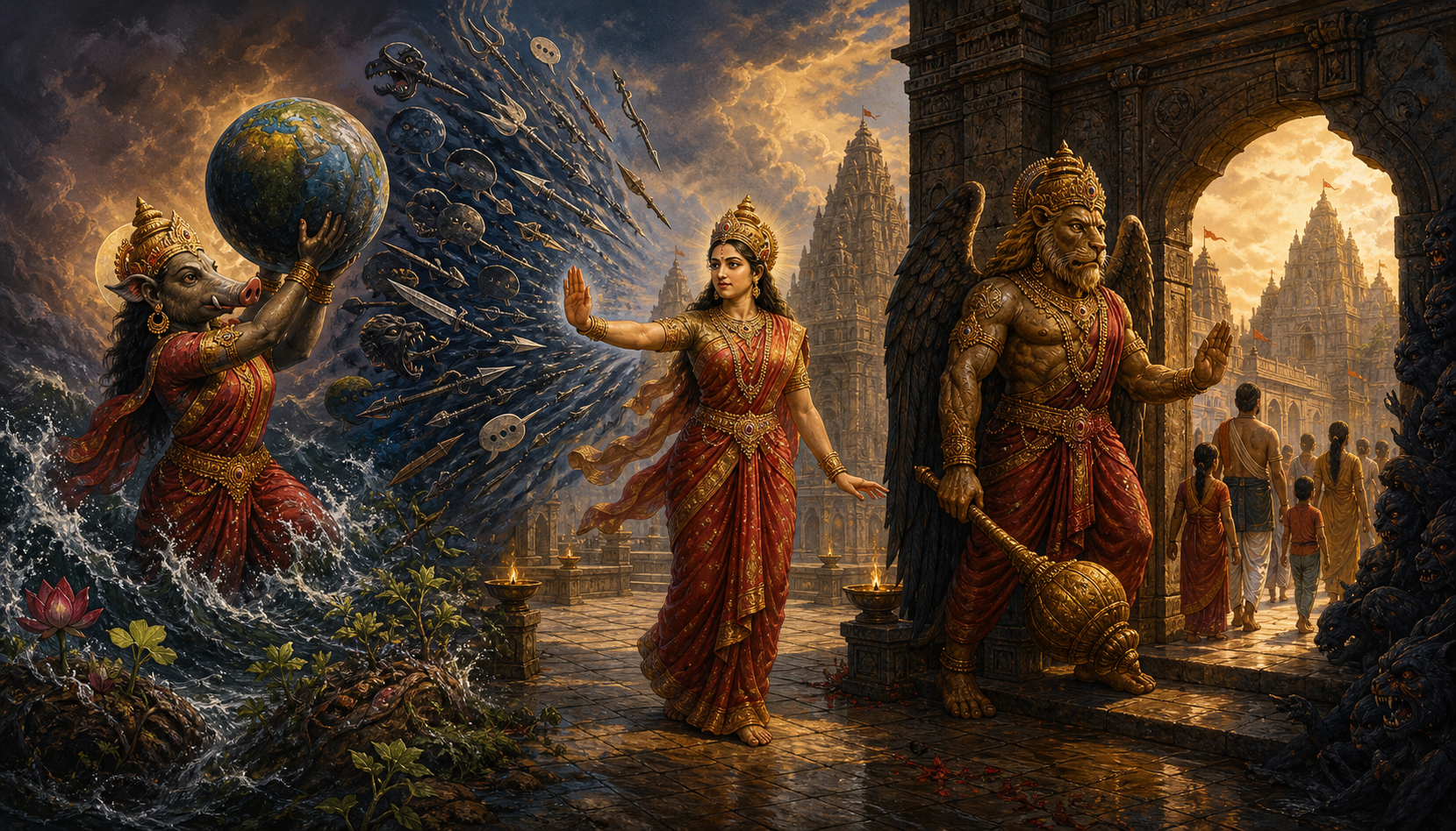A three-part sacred scene shows a goddess restoring the earth, another halting approaching harm, and a guardian watching over a temple gate.