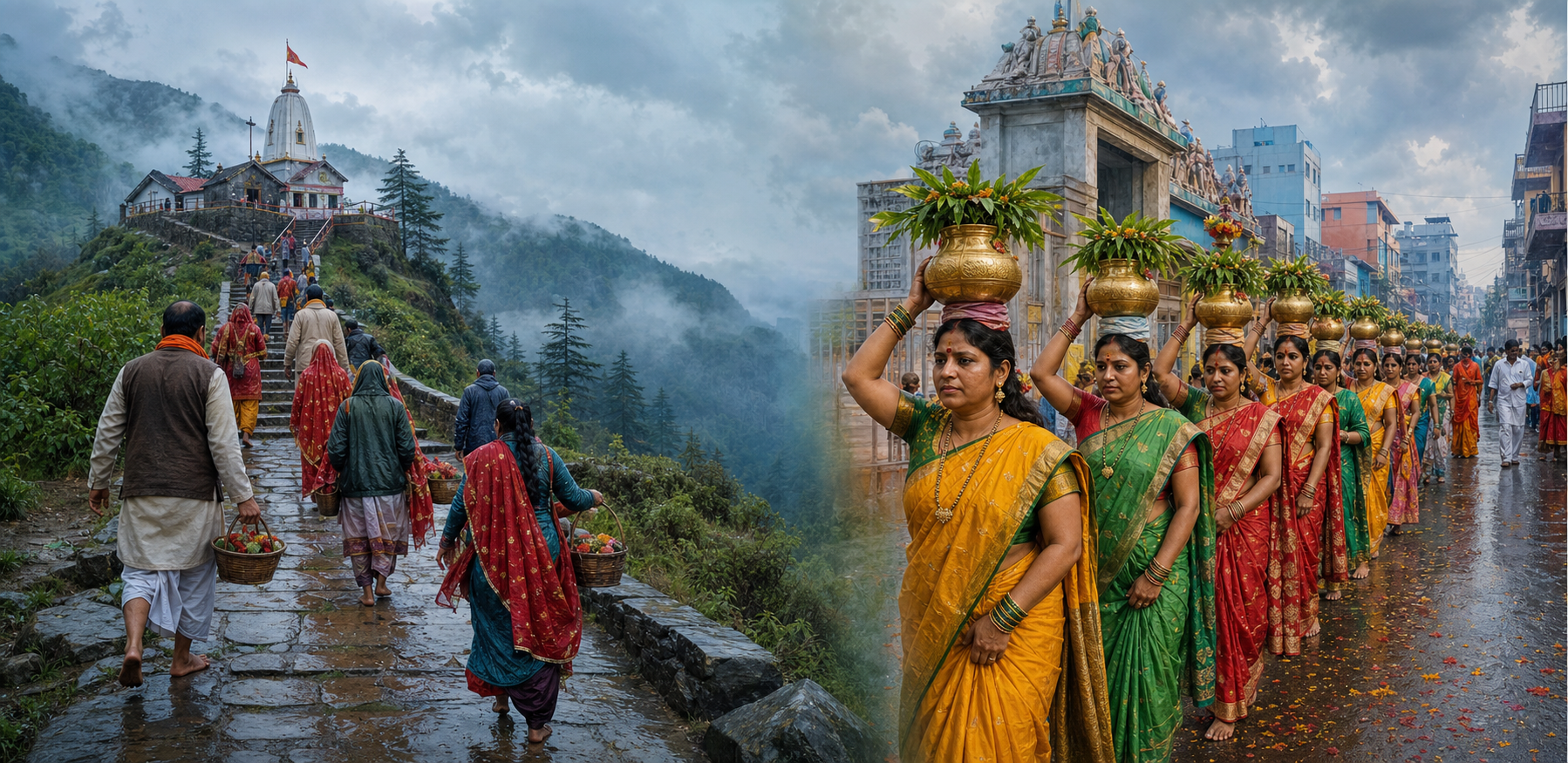 Pilgrims climb a misty Himalayan hill path on one side while women carrying decorated Bonalu pots process through a Hyderabad street on the other.