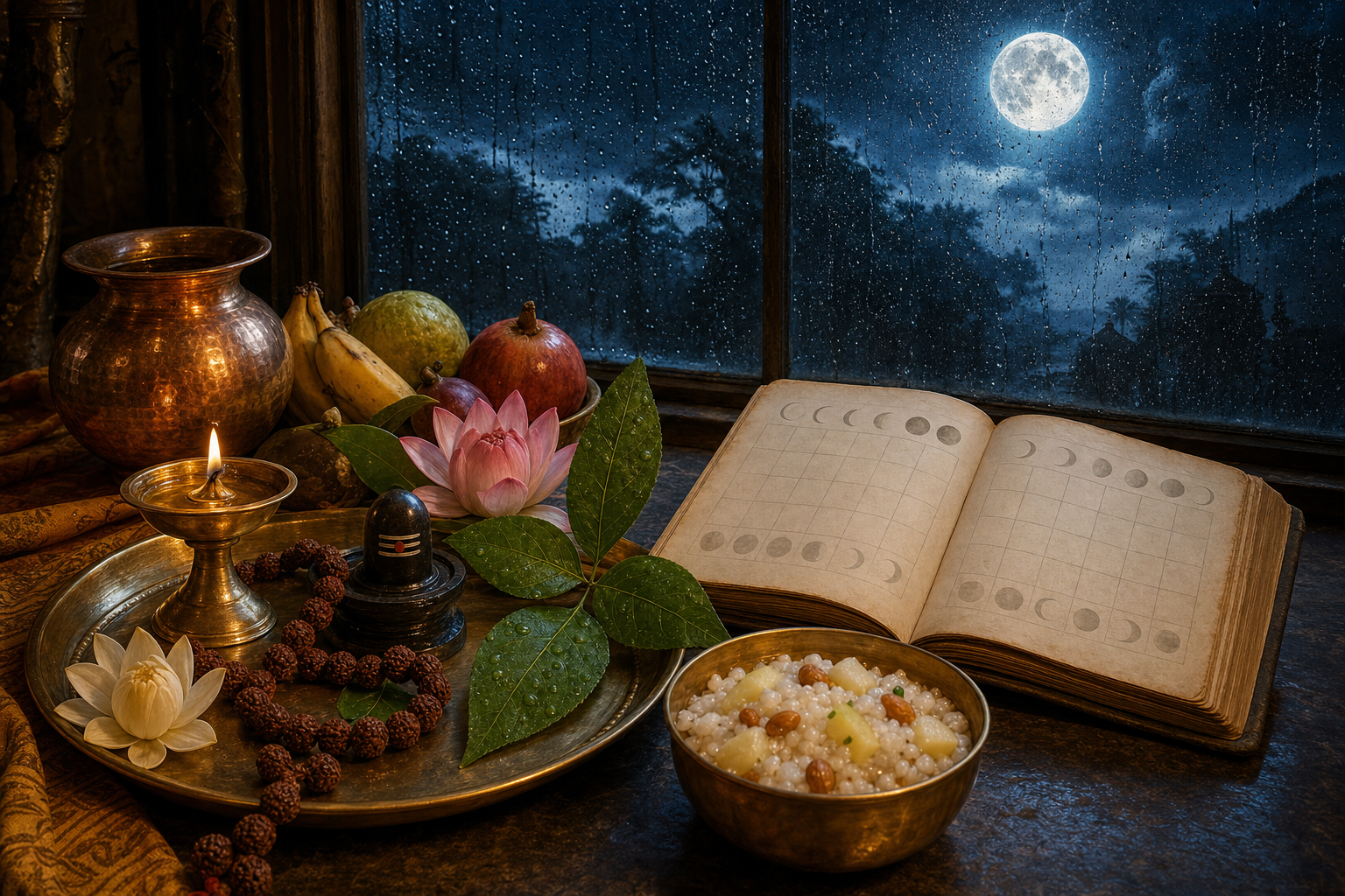 A brass puja tray, oil lamp, water vessel, prayer beads, leaves, flowers and fasting foods beside a lunar almanac during a moonlit monsoon evening.