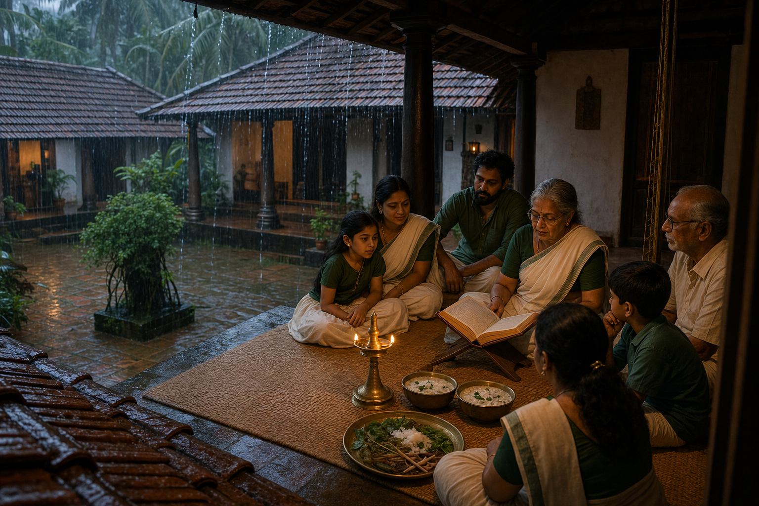 A Kerala family listens to an elder reading scripture by an oil lamp as monsoon rain falls outside and bowls of seasonal porridge sit nearby.