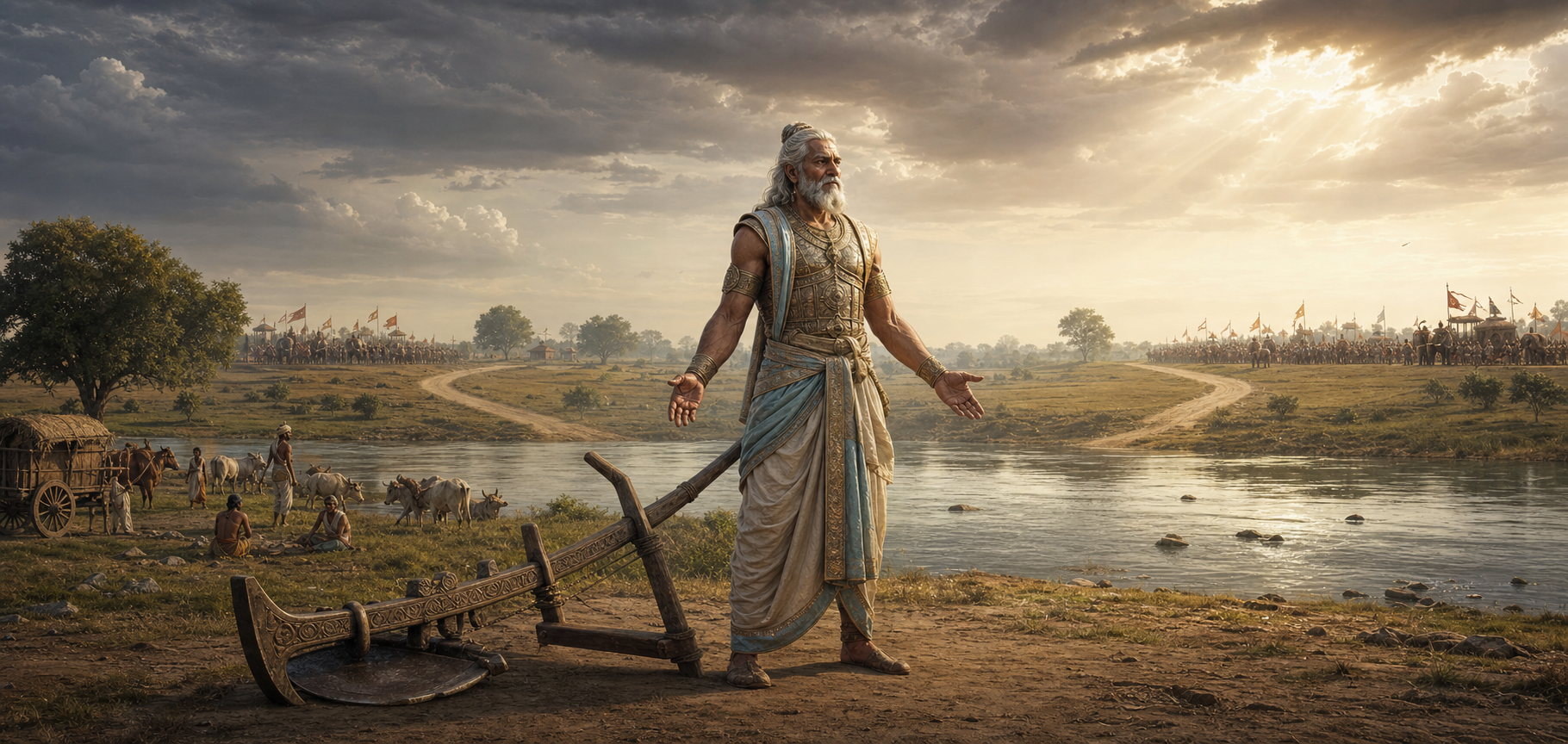 An elder warrior with a ceremonial plough stands beside a river between two distant armies while villagers and cattle remain nearby.