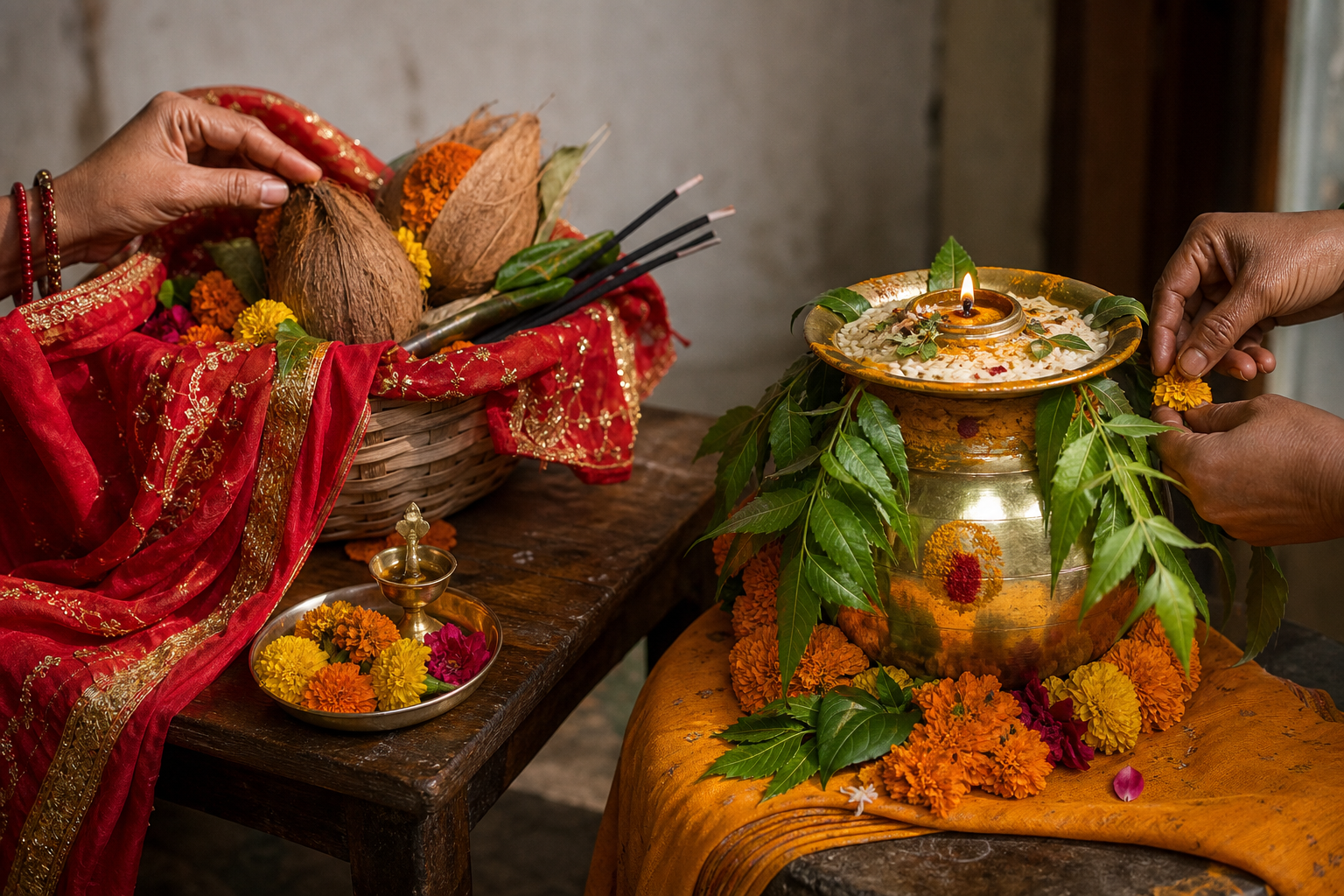 Hill-shrine offerings of red cloth, coconut, flowers, and incense sit beside a decorated brass Bonalu pot with neem leaves and flowers.