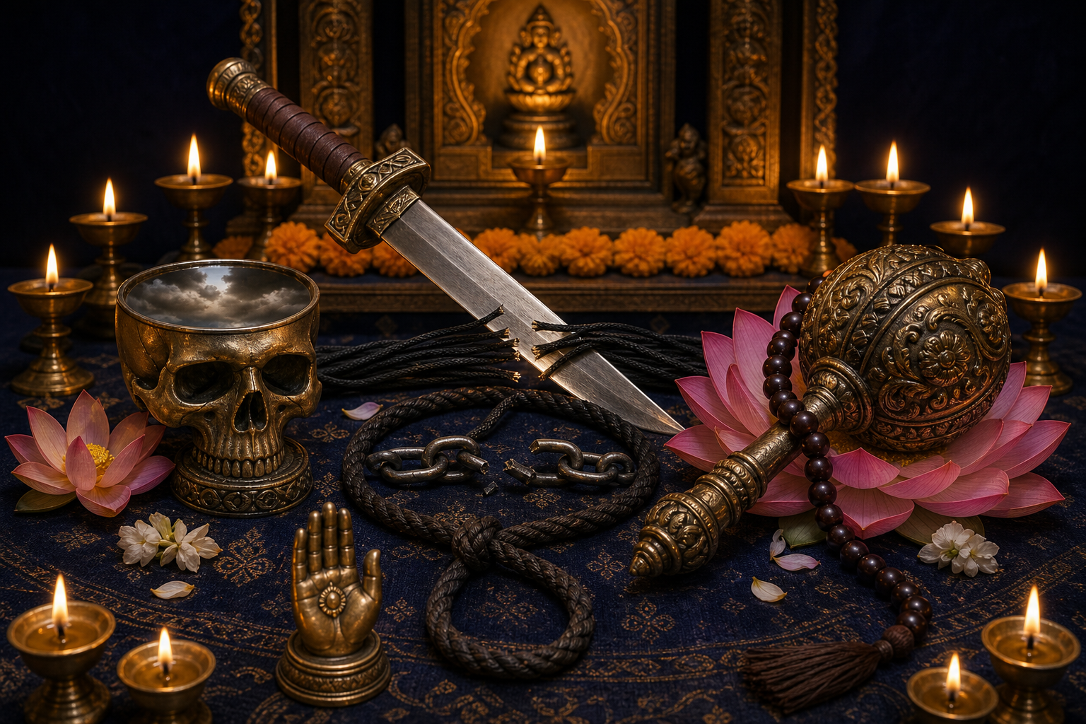A lowered sword, noose, skull cup, lotus, mace, prayer beads and reassuring hand are arranged before a glowing shrine.