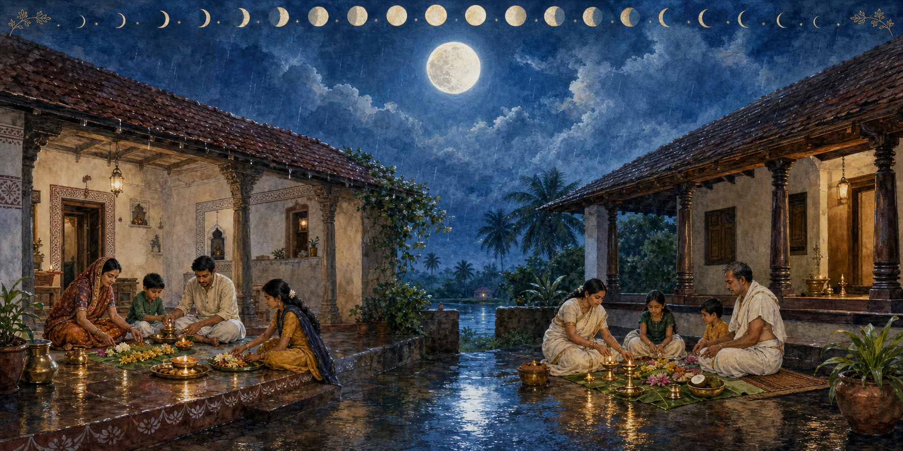 Two regionally distinct household courtyards share the same full-moon sky while families prepare devotional offerings according to different lunar customs.
