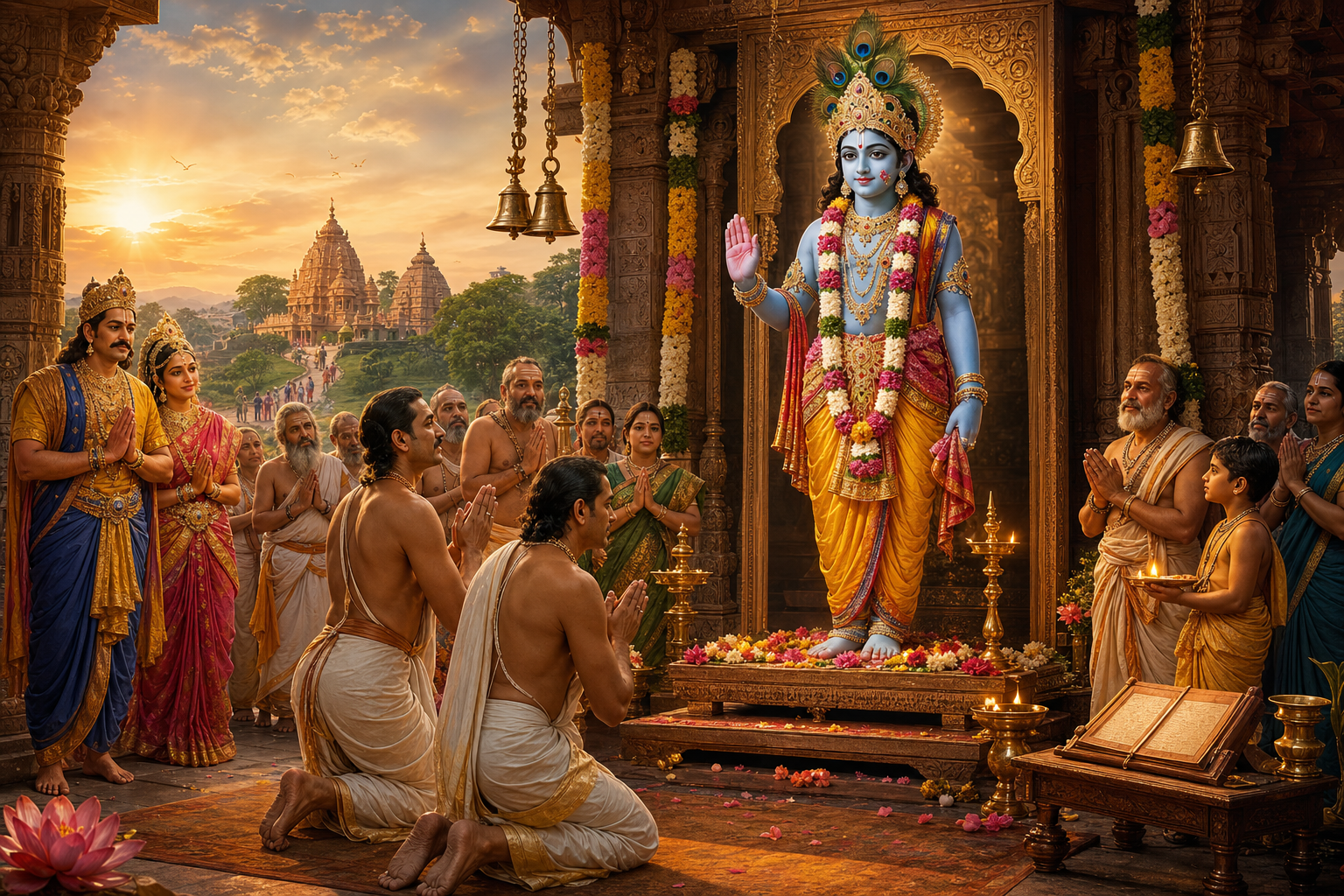 Sākṣi-Gopāla Krishna deity blessing devotees in an ornate temple shrine at golden dawn