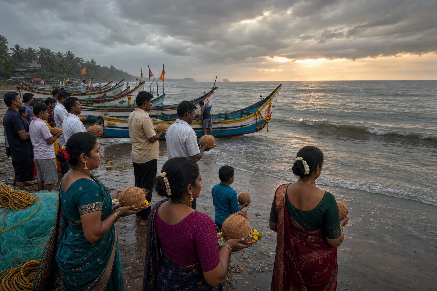 Fishers and their families hold coconuts and flowers beside decorated boats while facing the Arabian Sea during Narali Purnima.