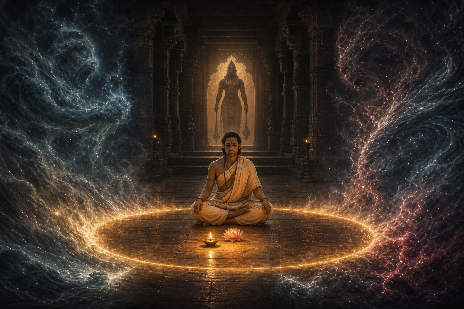 A person meditates inside a temple as turbulent shadow forms dissolve at a ring of lamplight and a distant guardian watches with lowered weapons.