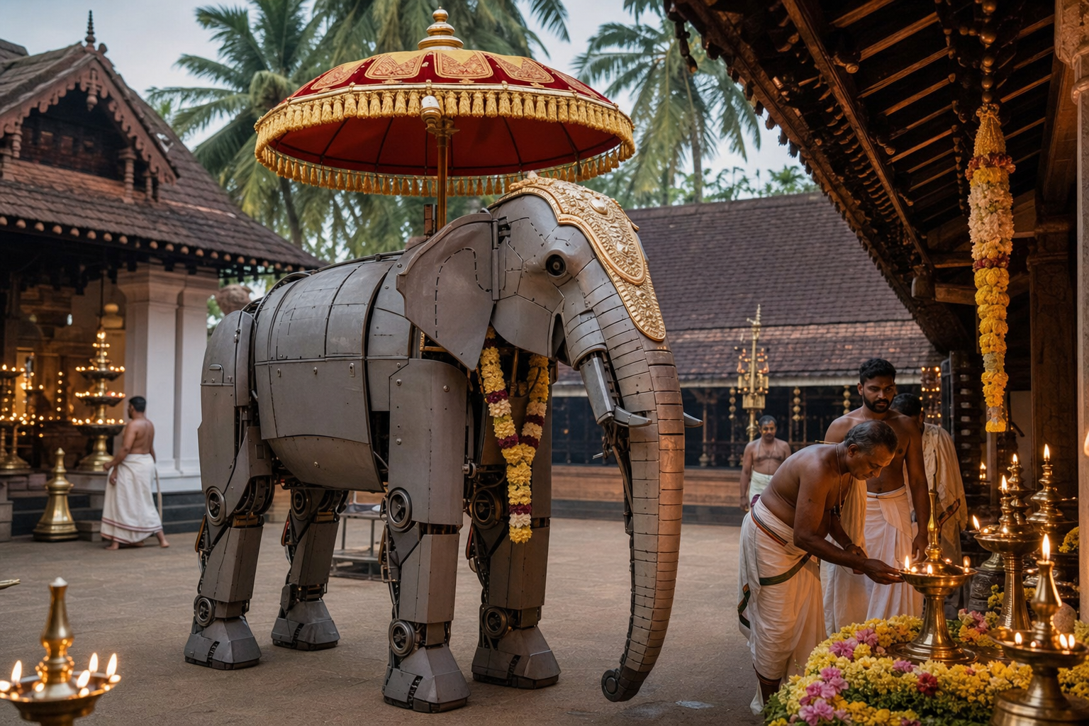 A life-sized mechanical elephant stands beneath a ceremonial parasol in a Kerala temple courtyard as attendants arrange lamps and flowers.