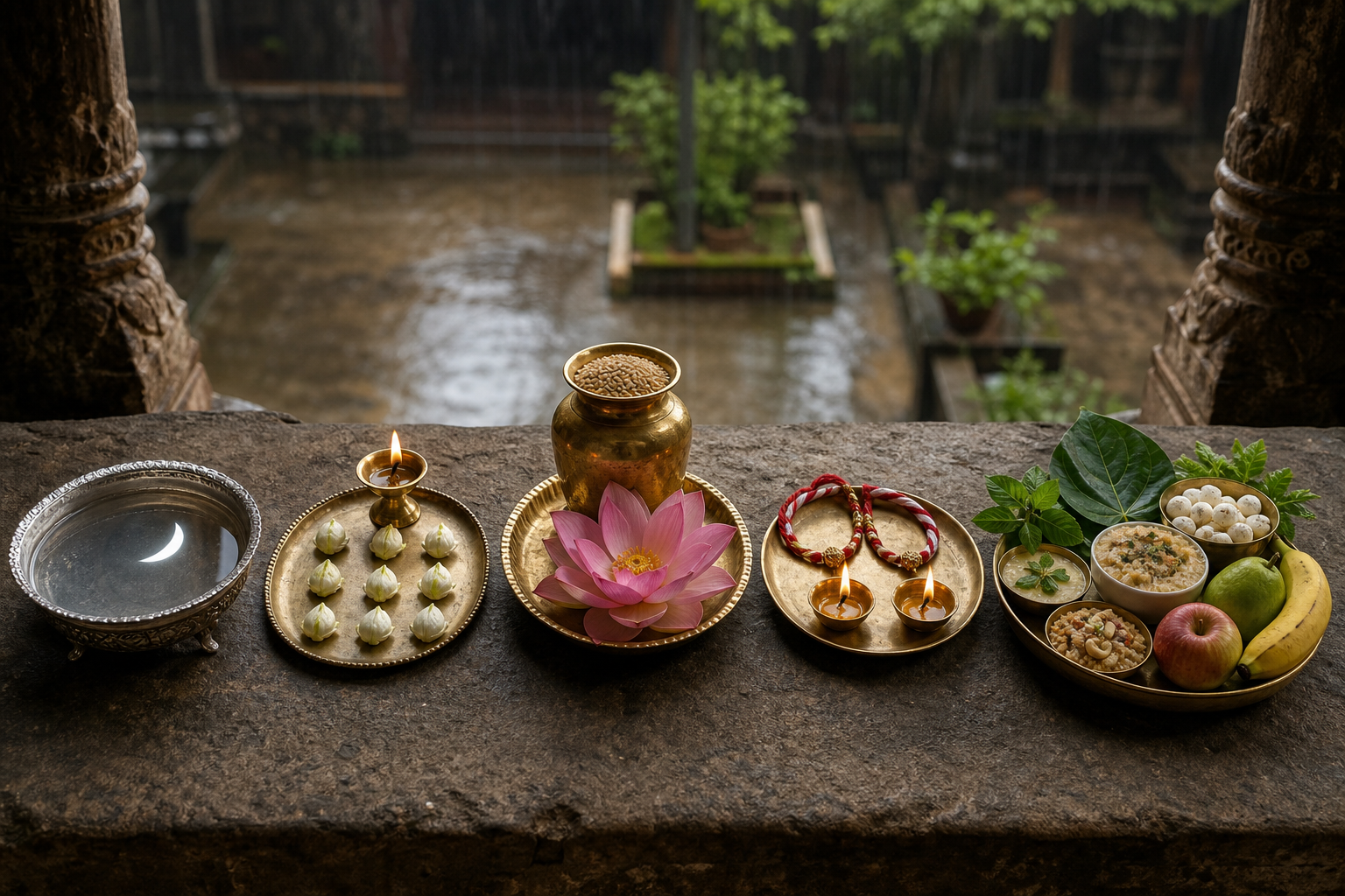 Five devotional arrangements display a moonlit water bowl, flower buds, a prosperity vessel, sacred threads, lamps, leaves, fruit and simple fasting foods.