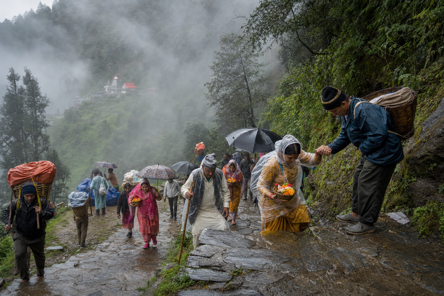 Pilgrims with umbrellas and offering baskets walk along a wet, winding mountain path toward a distant hill shrine.