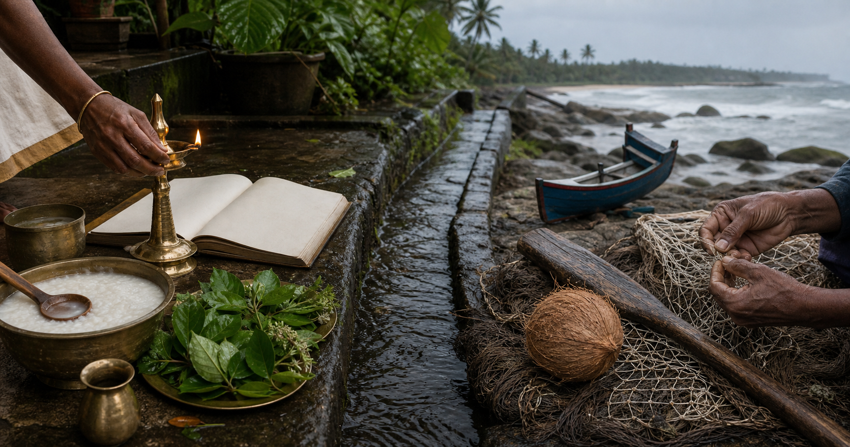 Monsoon rain links Kerala household objects with a coconut, fishing net, and oar as hands tend food and repair fishing gear.