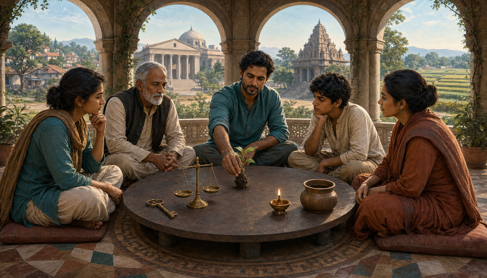 Five people deliberate around a circular table holding a key, scales, a lamp, a seedling, and a ceremonial vessel.
