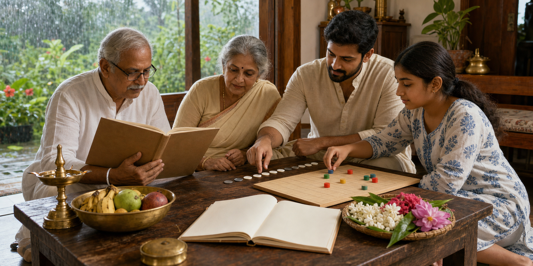 Three generations arrange colored markers and moon tokens on an unlabeled family calendar while consulting a traditional almanac.