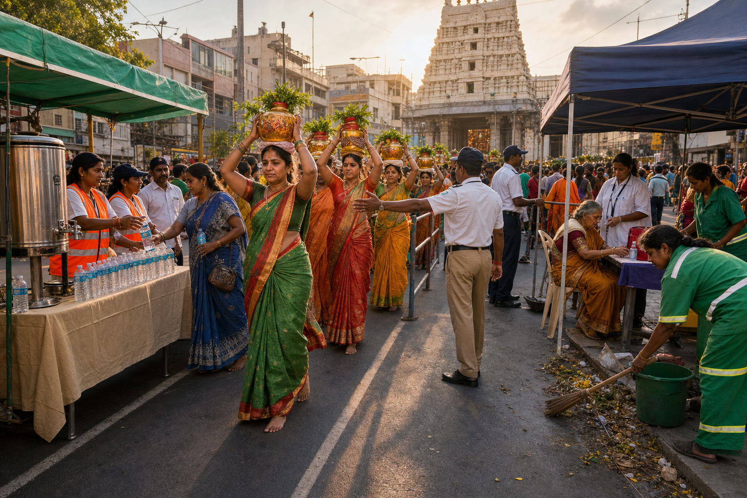 Volunteers, medical staff, sanitation workers, and safety personnel support devotees during an orderly urban Shakti festival procession.