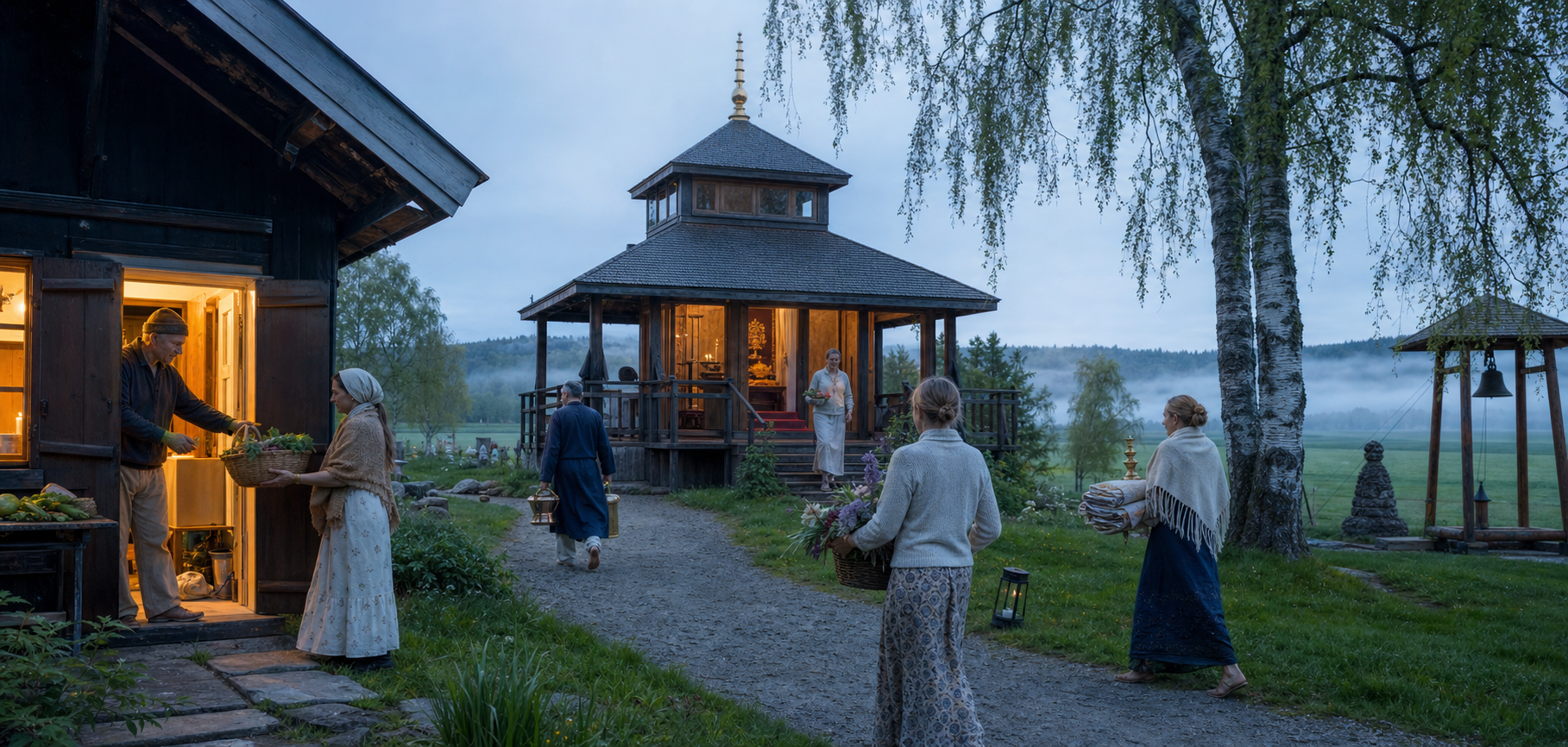 Volunteers carry vegetables, flowers, textiles, and ritual vessels between timber temple buildings in a misty Swedish rural landscape.