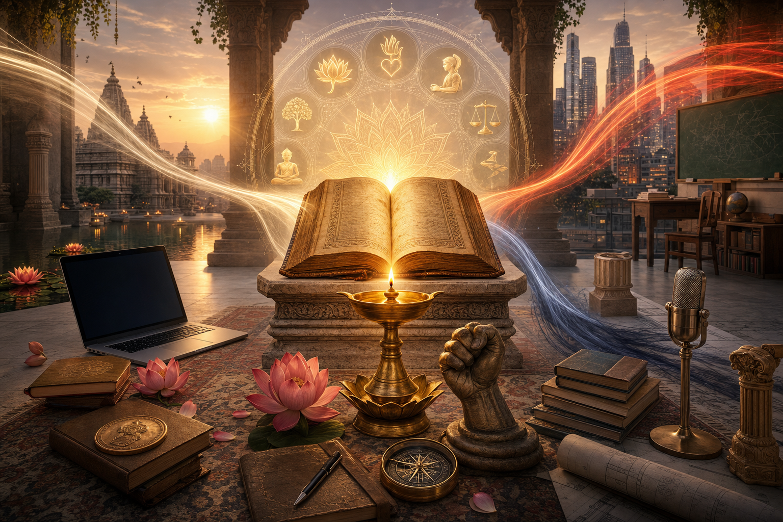 Ancient scripture and brass oil lamp glowing amid lotus flowers, books, a laptop, temple architecture, classroom symbols, and a modern skyline.