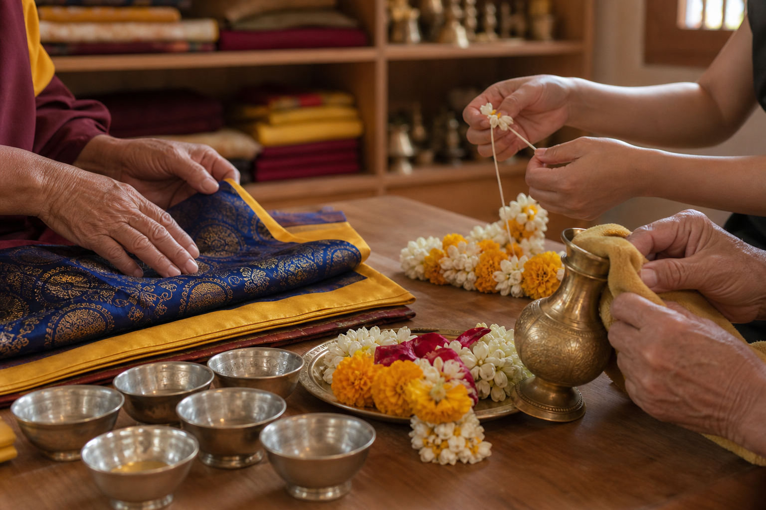 Older and younger volunteers prepare folded altar cloth, flower garlands, brass vessels, and small bowls at a wooden worktable.