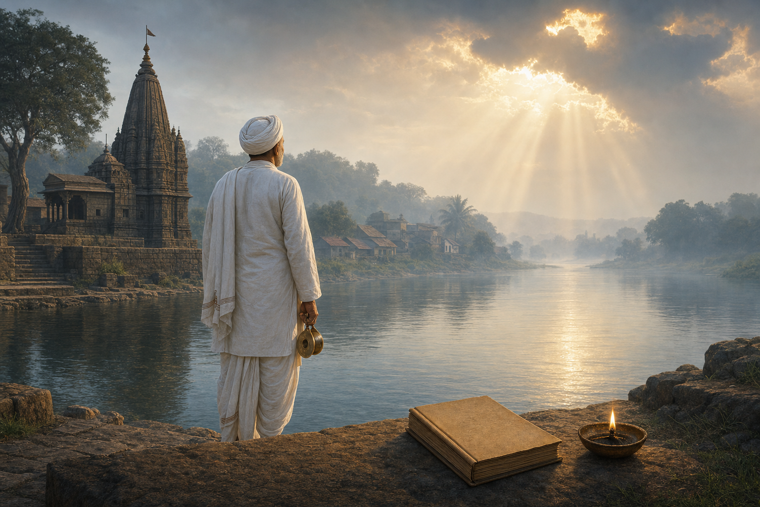 A historical Marathi saint stands beside the misty Indrayani River at dawn as light breaks through clouds above a temple, with a closed manuscript and oil lamp in the foreground.