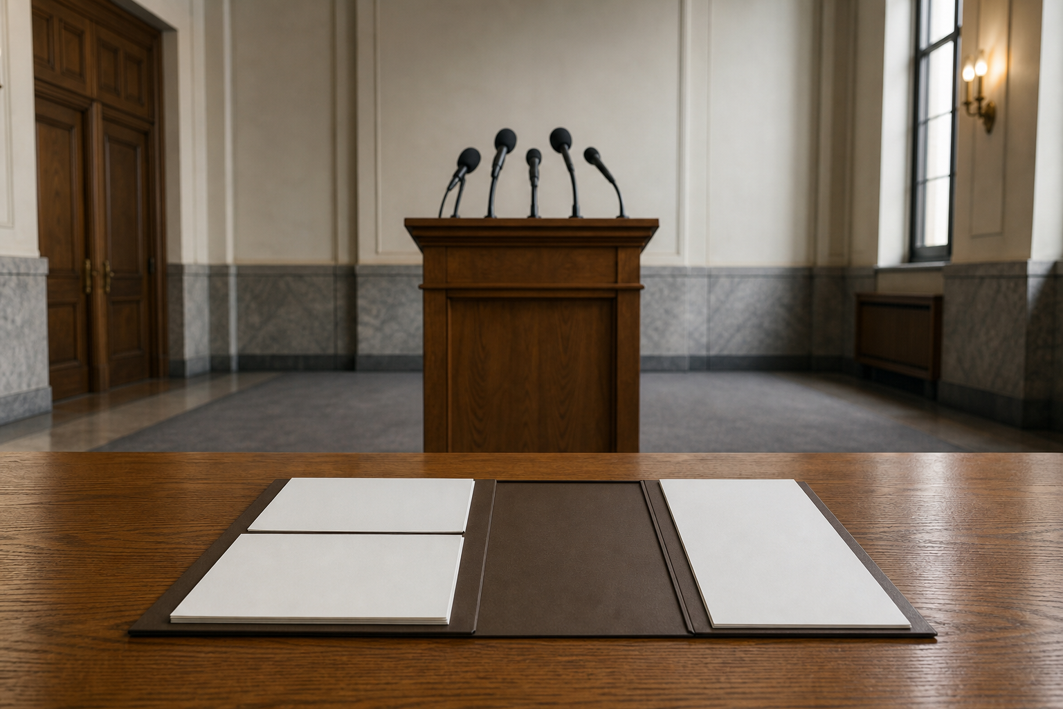 An empty lectern with unbranded microphones stands behind an open folder of blank documents arranged to suggest an incomplete record.