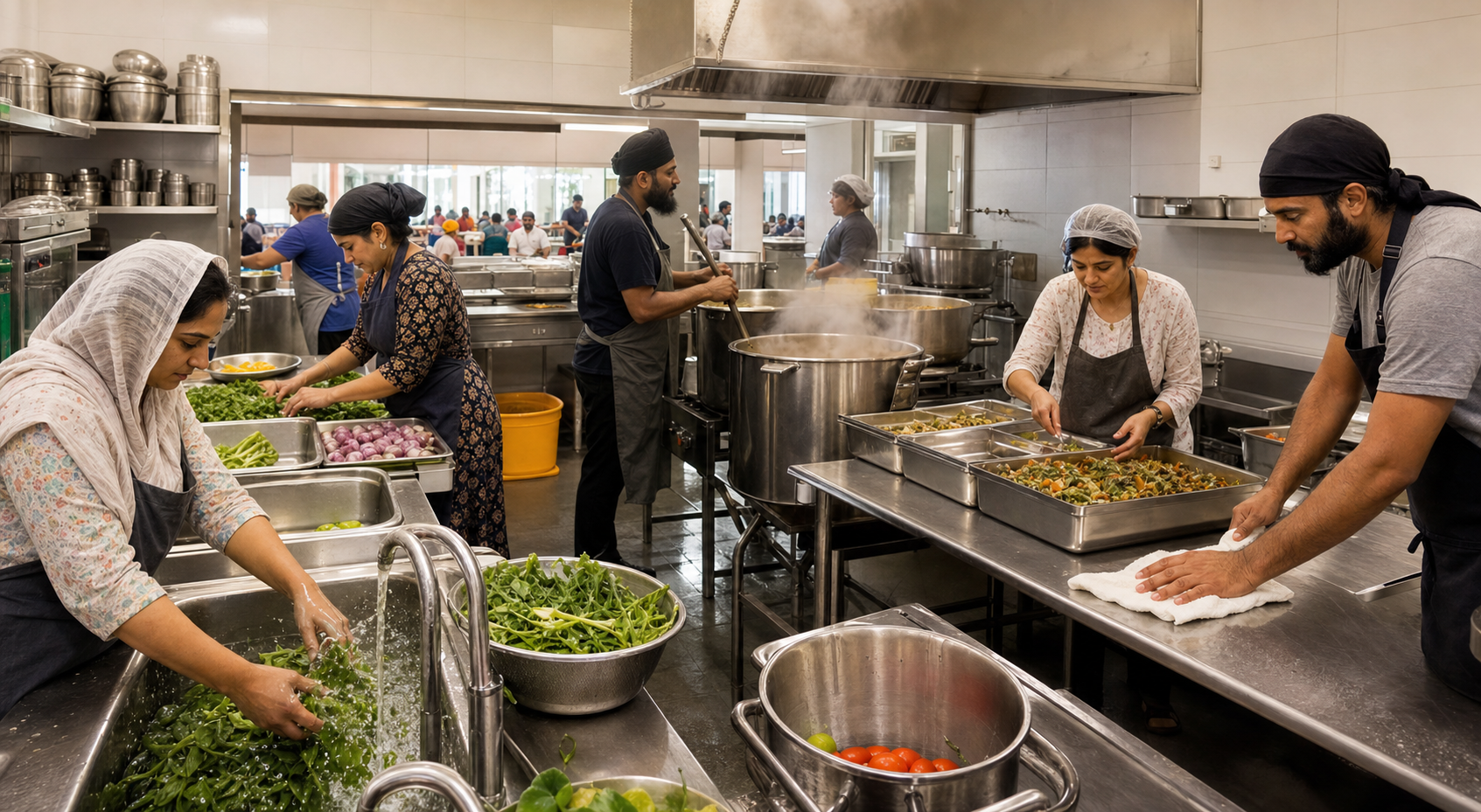 Volunteers prepare vegetables and stir large pots in a bright stainless-steel community kitchen.