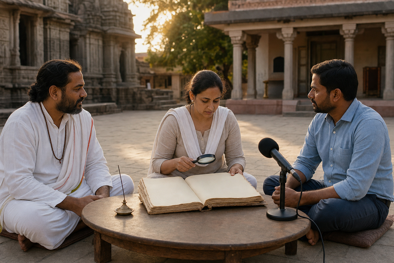 Three anonymous adults representing devotion, research and public responsibility hold a calm discussion around a low table in a Maharashtrian courtyard.
