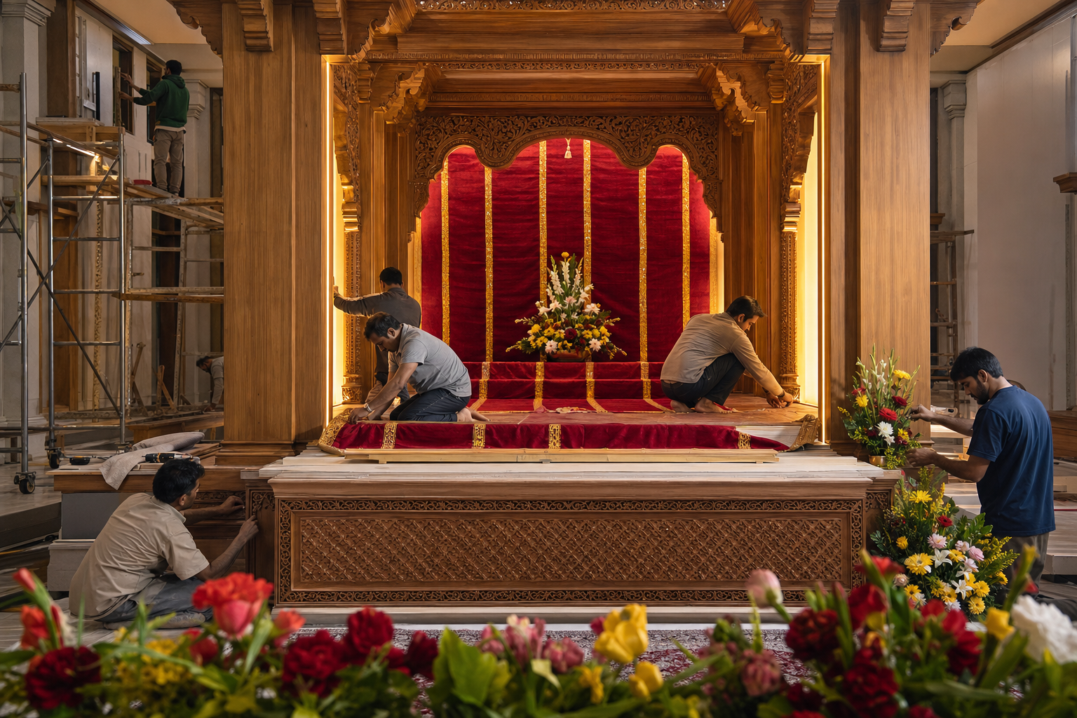 Volunteers install carved woodwork, textiles, flowers, and lighting around a renewed temple altar.