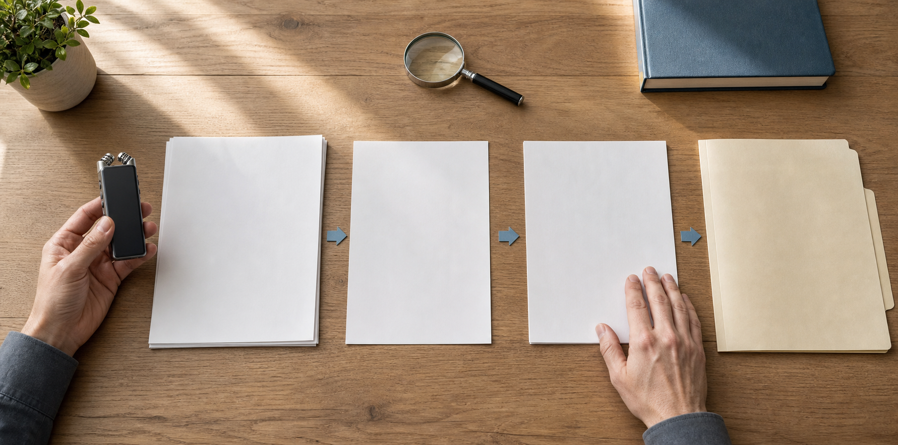 Two hands organize an audio recorder, blank transcript pages, a magnifying glass and an archival folder on a wooden table.