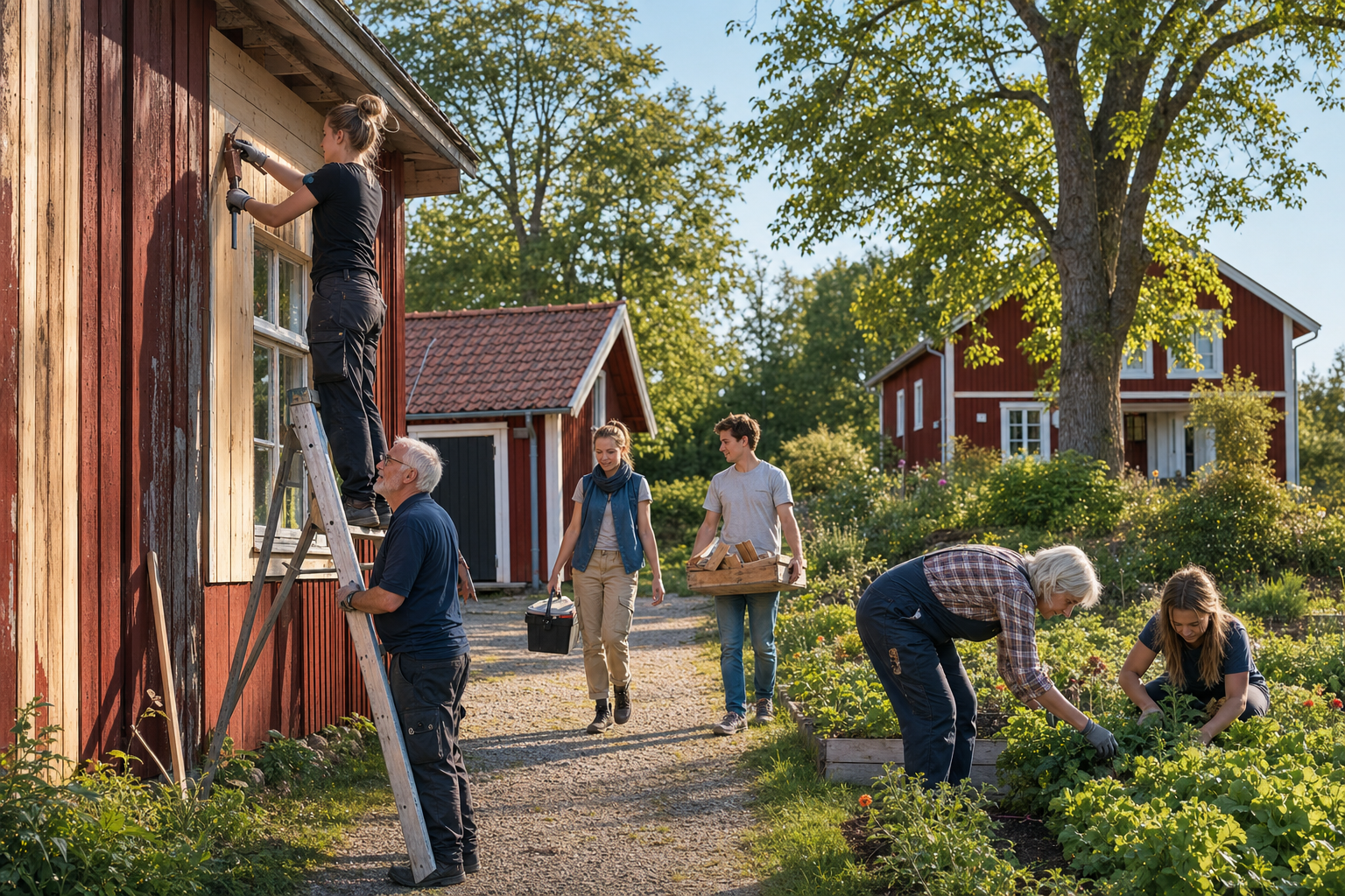 Volunteers of different ages repair timber siding, tend a garden, and carry supplies around a rural Swedish temple property.