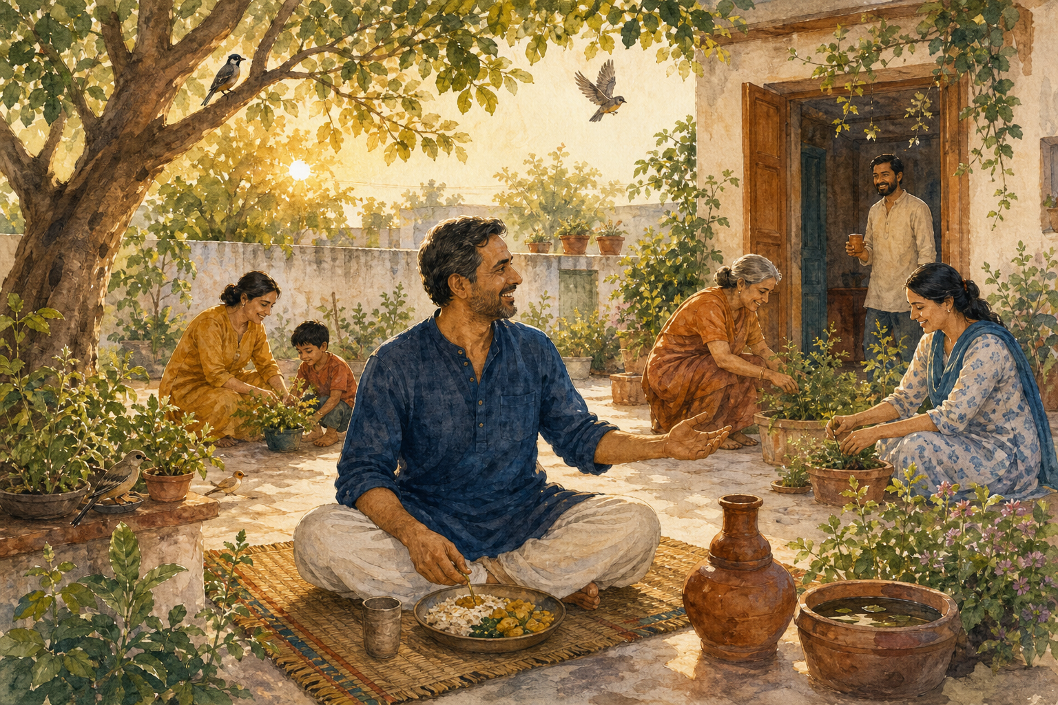 An adult sits in a sunlit courtyard surrounded by food, herbs, trees, birds, and neighbors caring for plants together.