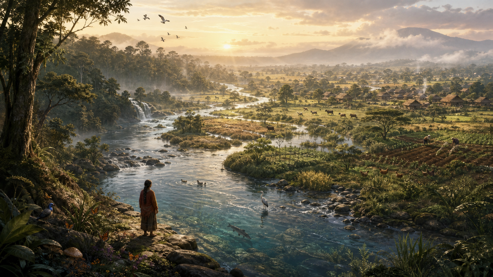 A person stands beside a river within an interconnected landscape of forest, wetlands, farms, animals, and a small settlement at dawn.