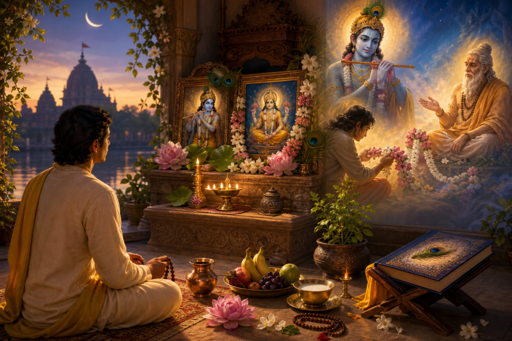 Yogini Ekadashi devotional altar with Krishna, Vishnu, diya, tulsi, japa beads, lotus flowers, and fasting offerings