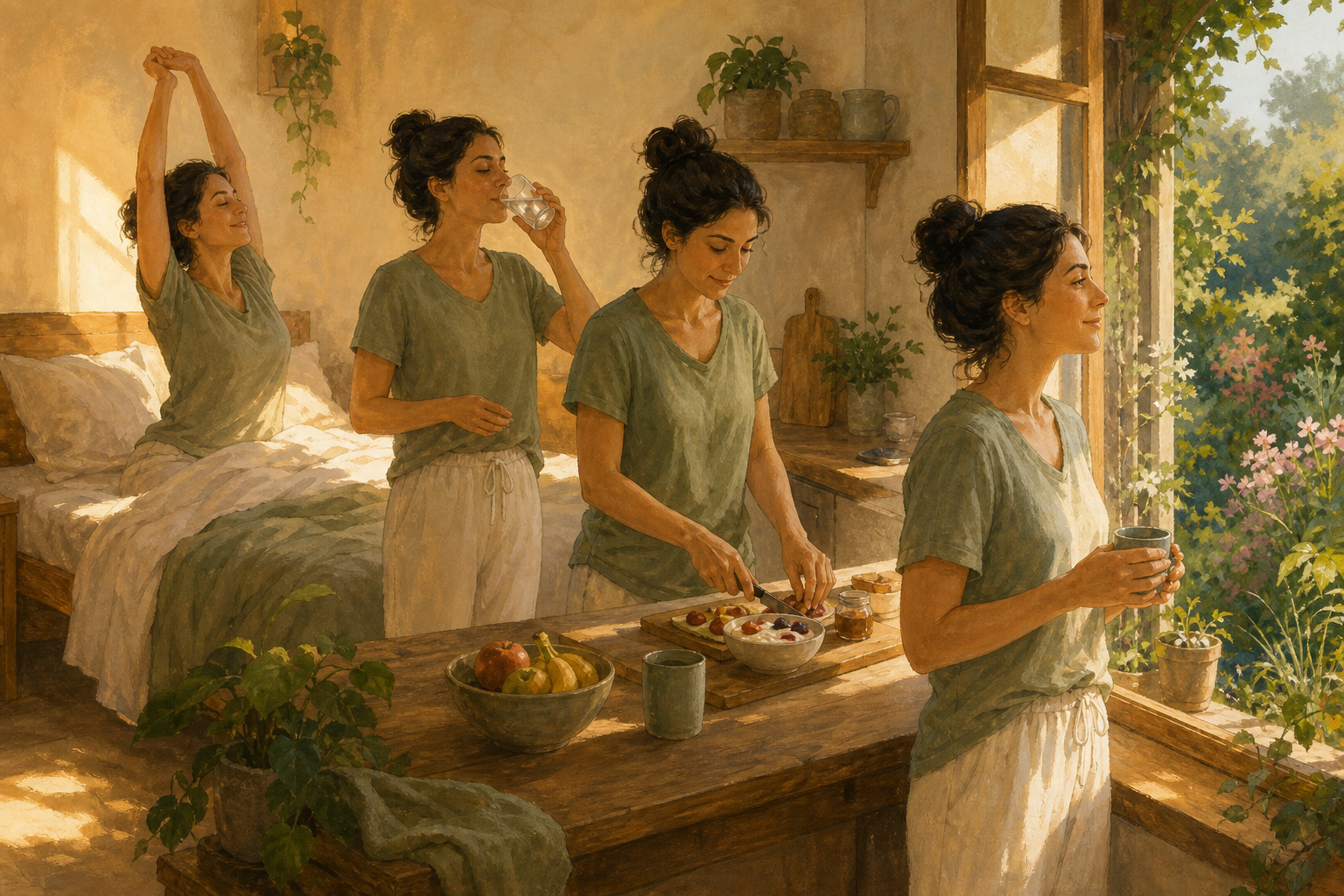 A person follows a morning routine of drinking water, stretching, preparing breakfast, and sitting quietly near an open window.