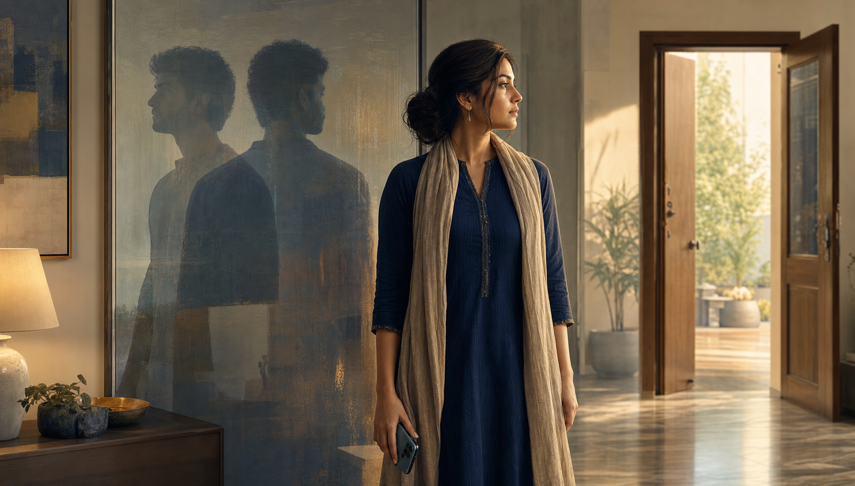 An adult woman stands near an open doorway while two misaligned translucent silhouettes of another adult appear behind a reflective glass pane.