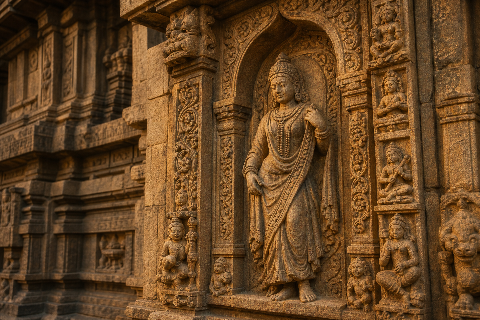 Sandstone temple wall with a graceful celestial woman carved in a decorated niche beside floral bands and small musician figures.