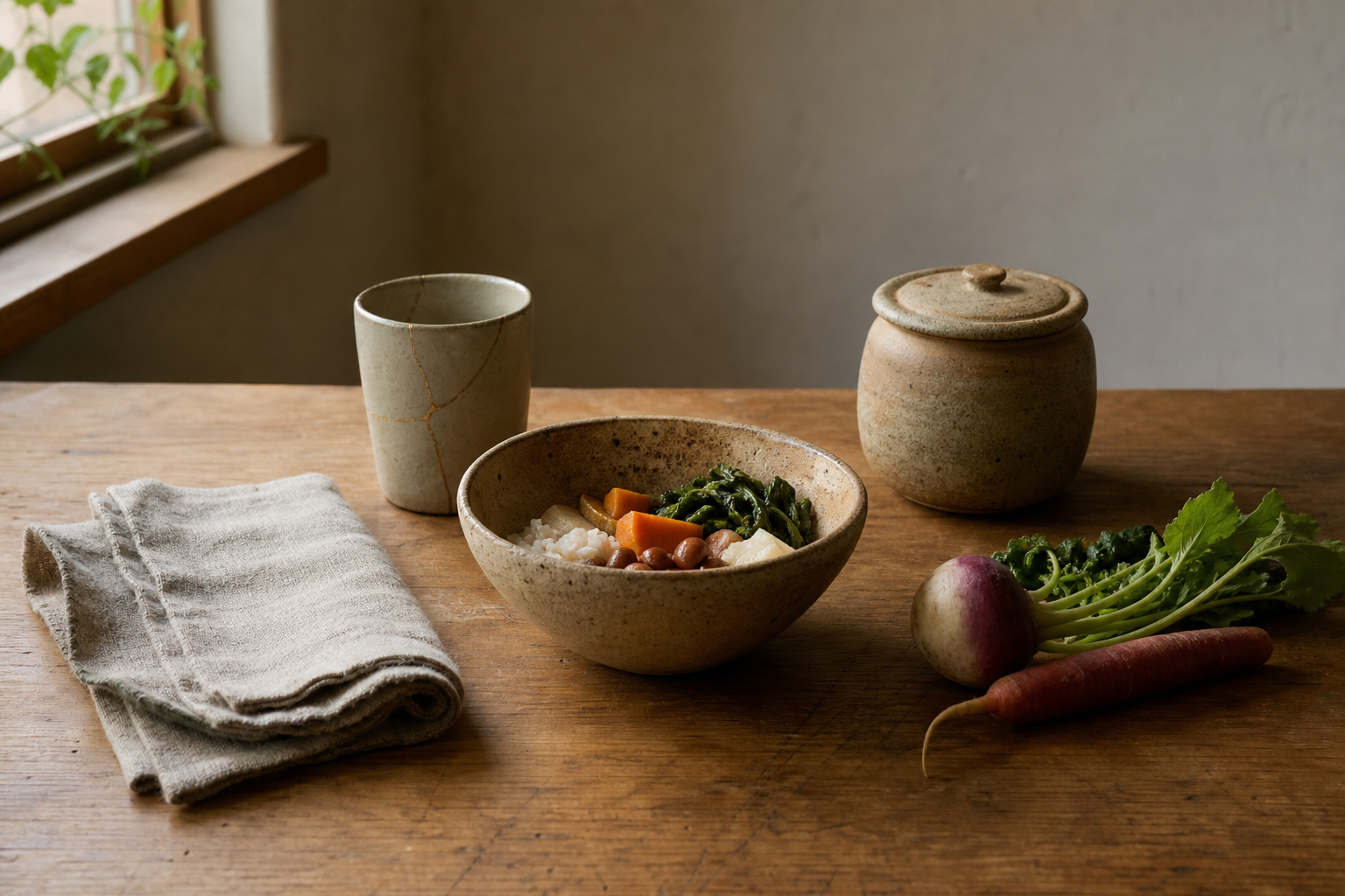 A modest meal in a clay bowl sits beside a repaired cup, seasonal vegetables, and a storage jar on a wooden table.
