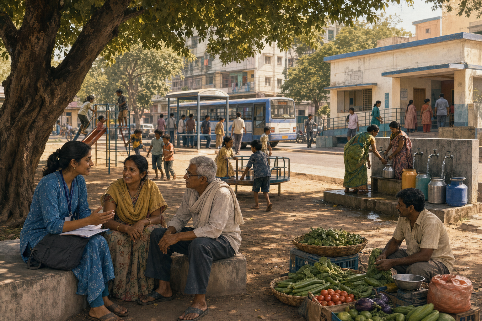 Residents gather near a clinic, produce stall, play area, and clean water point in a shaded urban neighborhood.
