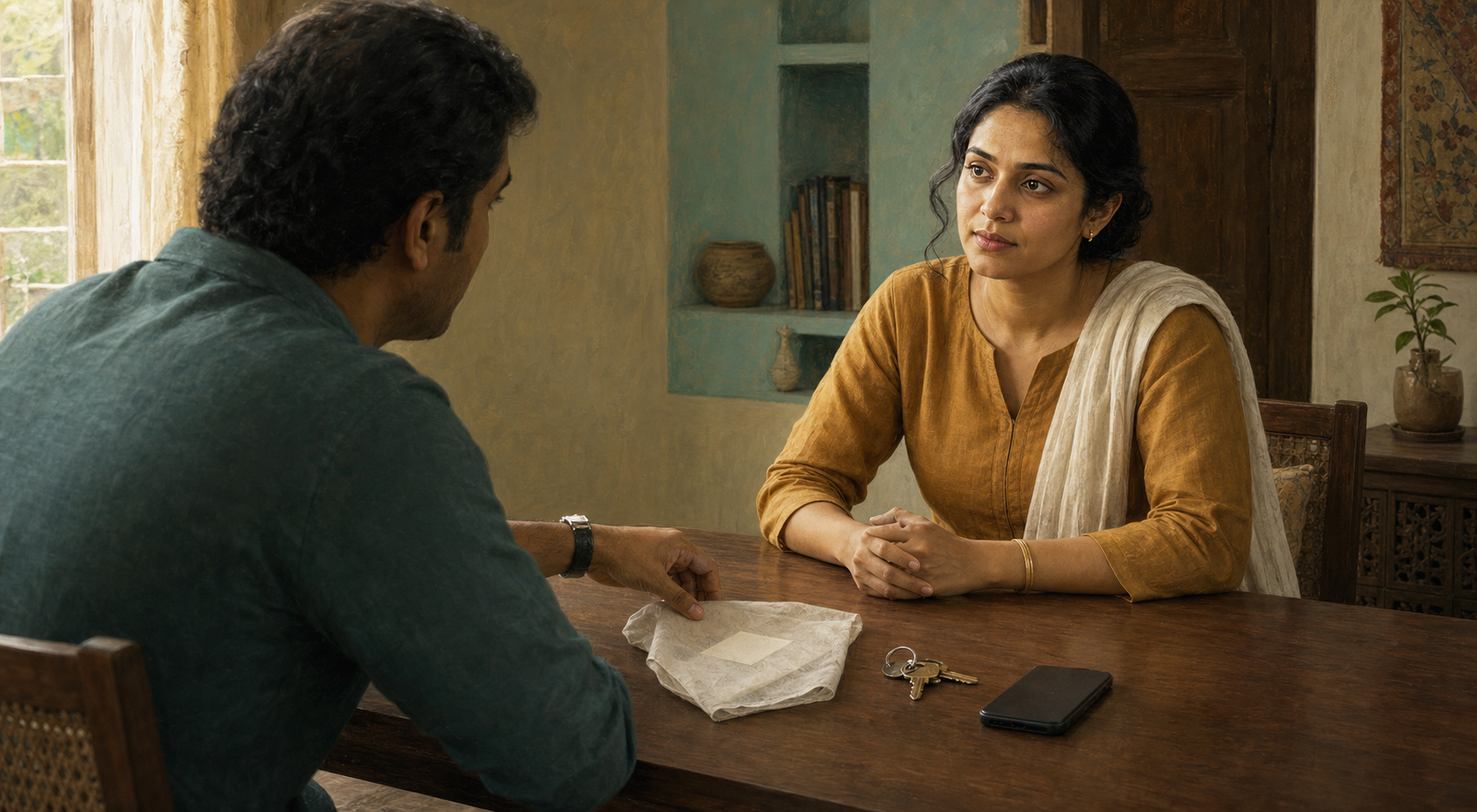 Two adults sit across a table with an unmarked card, a key and a phone placed between them, while one item is partly covered by translucent cloth.
