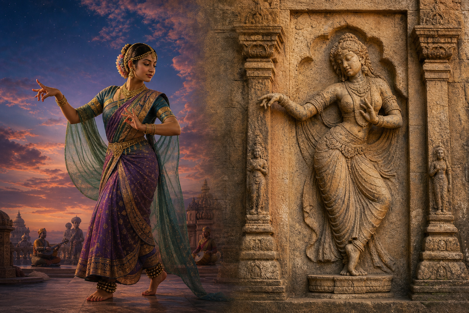A celestial dancer in an imagined heavenly court is paired with an anonymous female figure carved into a sandstone temple wall.
