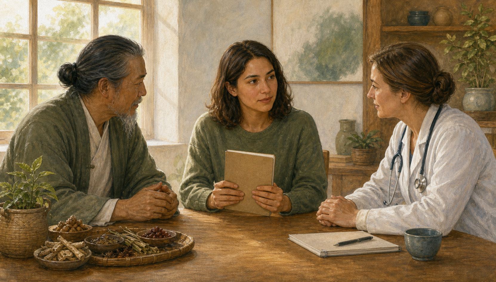 A patient discusses care with a traditional wellness practitioner and a clinician seated together at a wooden table.
