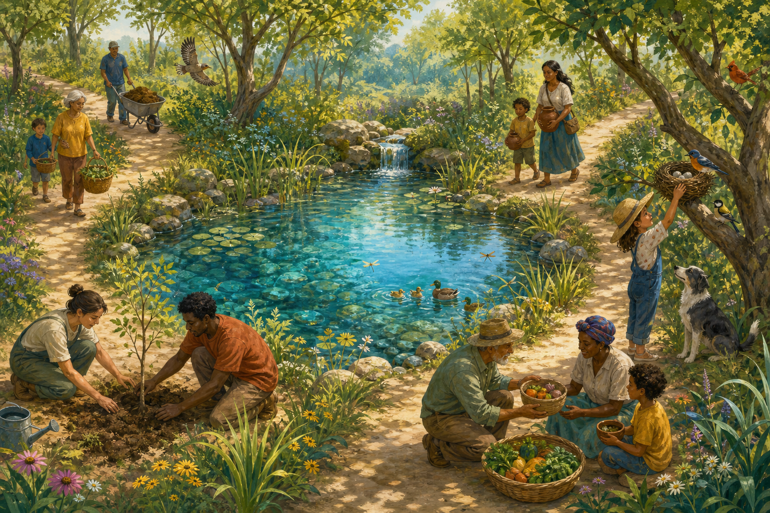 Several paths converge at a pond where people tend trees, carry water, protect a bird nest, and share food.
