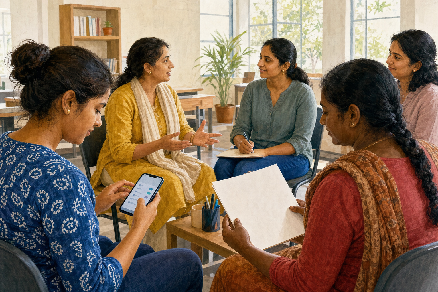 Adult women take part in a community safety workshop, using a phone and speaking with a counselor around a shared table.