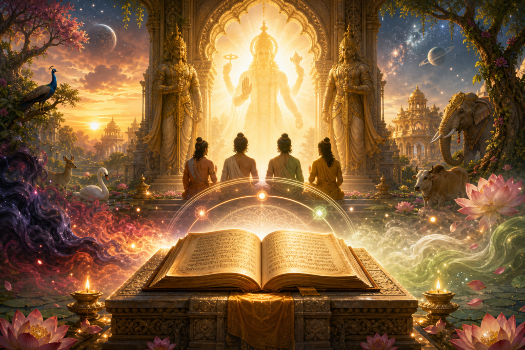 Vaikuntha-inspired sacred scene with open scripture, sages, divine light, lotus flowers, animals, and cosmic yuga symbolism