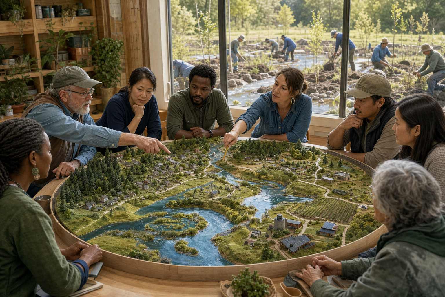 Community members and officials plan around a watershed model while workers restore a stream outside.