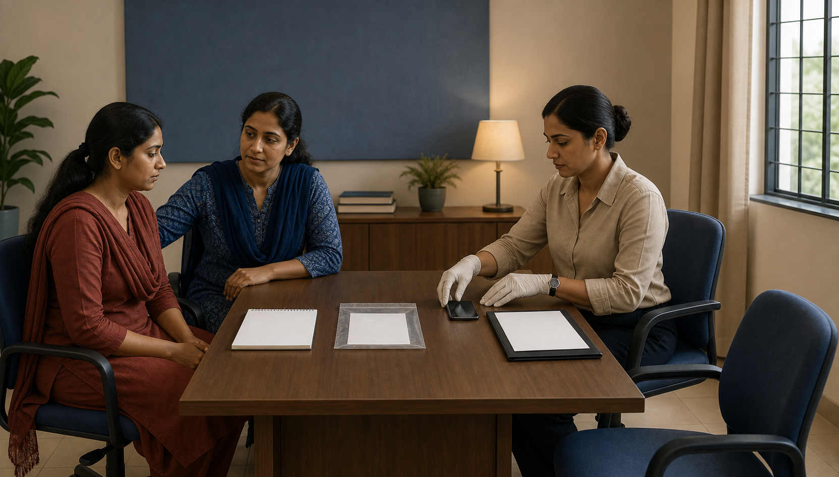 A woman sits with a female support counselor while an investigator organizes a phone, sealed evidence pouch and blank documents on a table.
