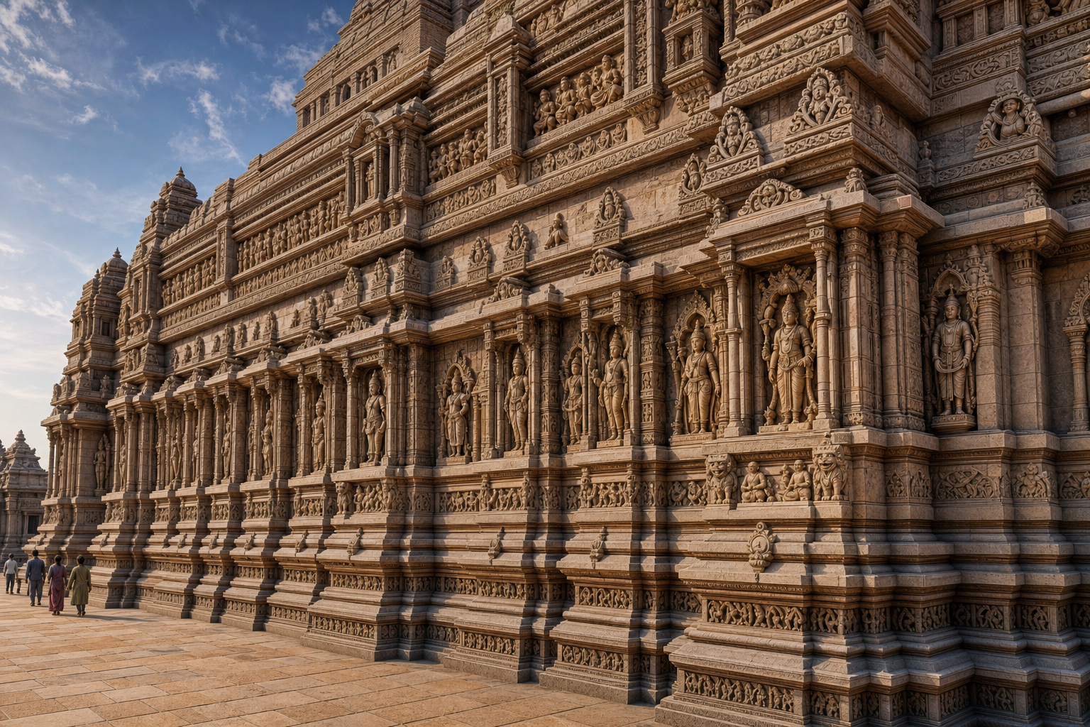 Wide view of an ornate Hindu temple exterior with celestial women, deities, guardians, musicians, and foliage arranged across sculptural bands.
