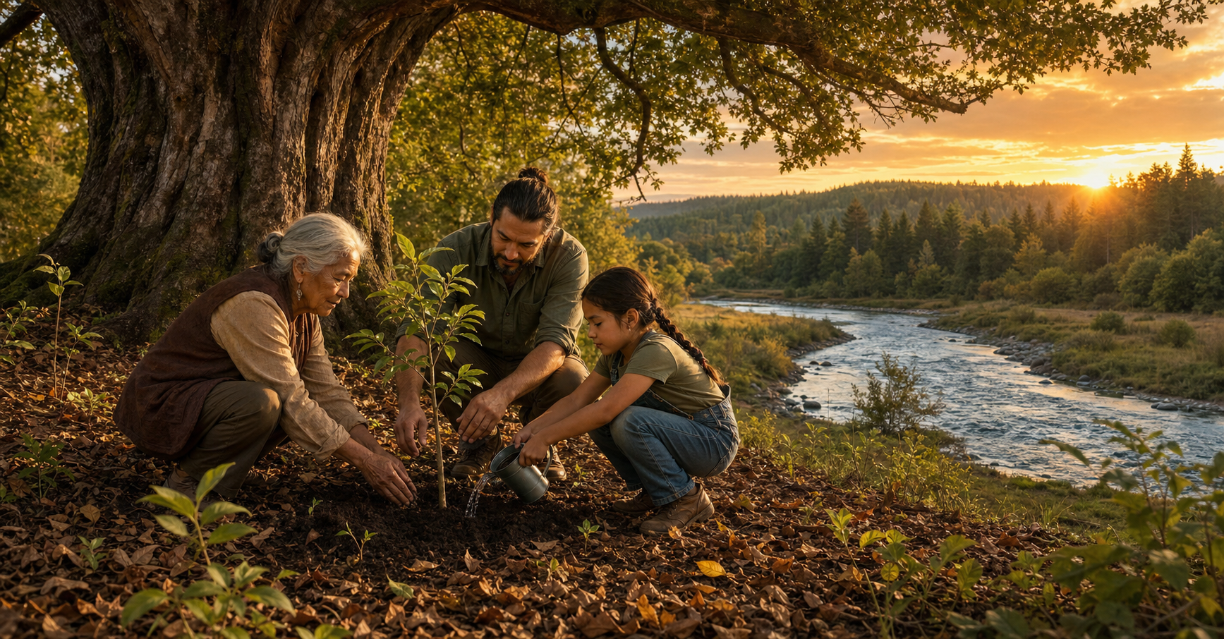 An elder, an adult, and a child plant a young tree beside an old tree near a river and forest.