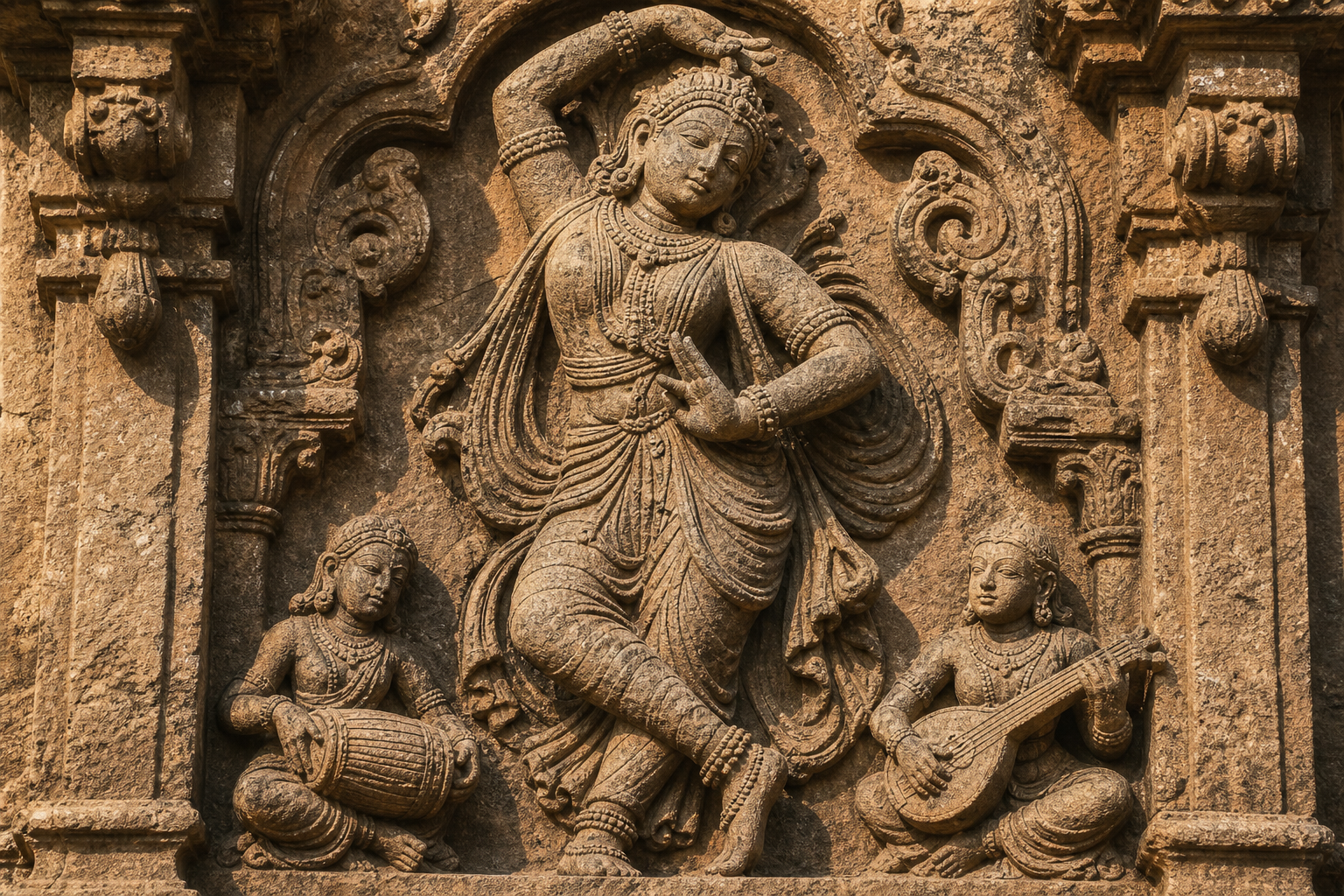Close view of a carved celestial dancer in a curved pose above two small stone musicians playing a drum and string instrument.