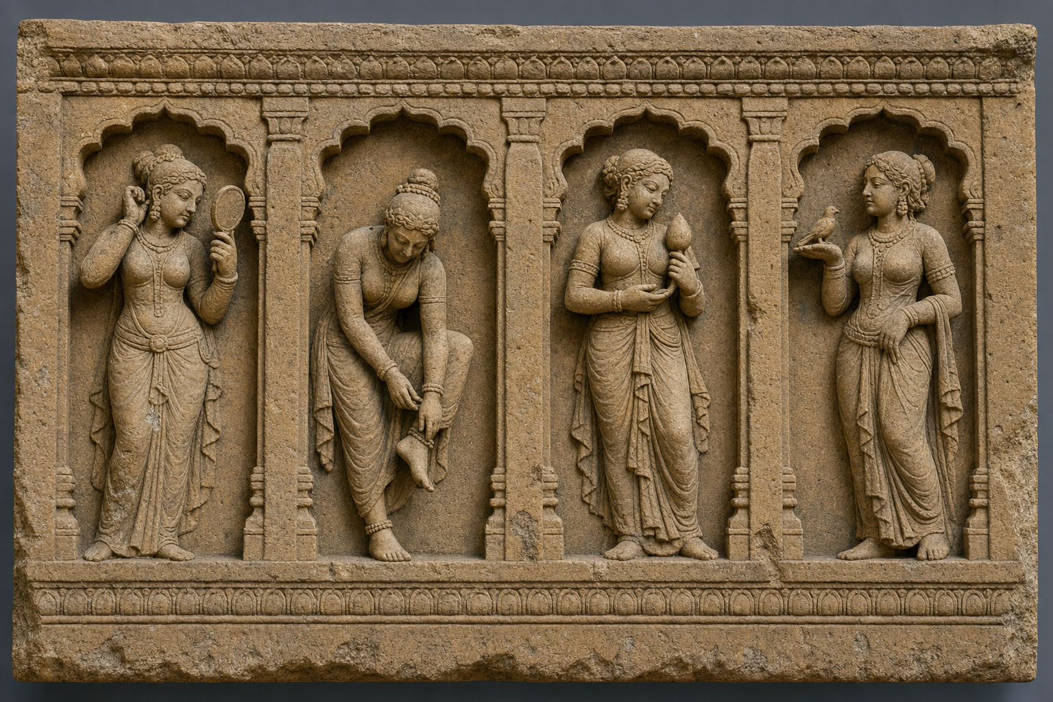 Temple frieze with four carved celestial women holding a mirror, adjusting an anklet, carrying a lotus bud, and supporting a small bird.